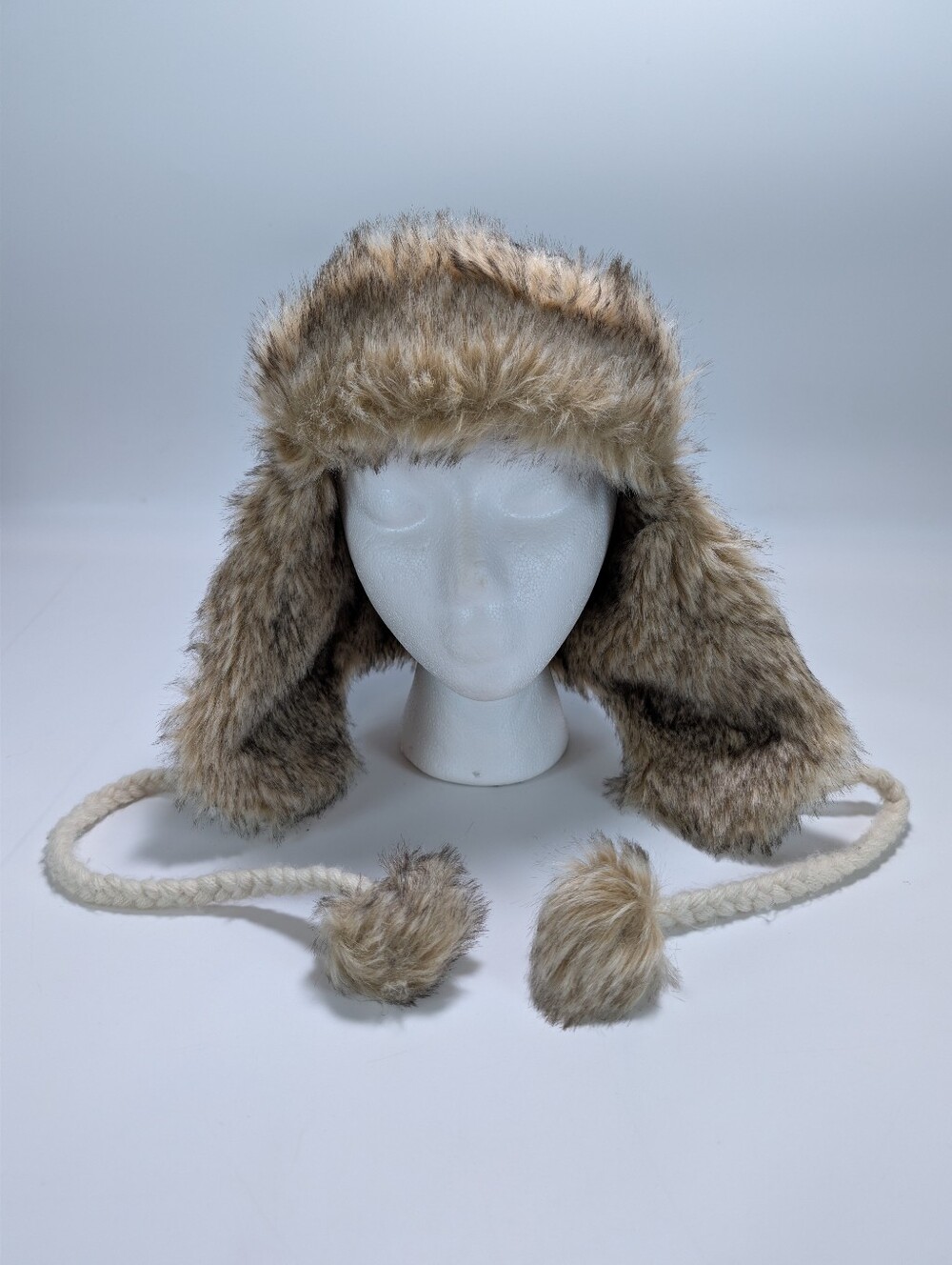 American Eagle Faux Fur Trim Polka Dot Pattern Trapper Hat with Braided Tassels